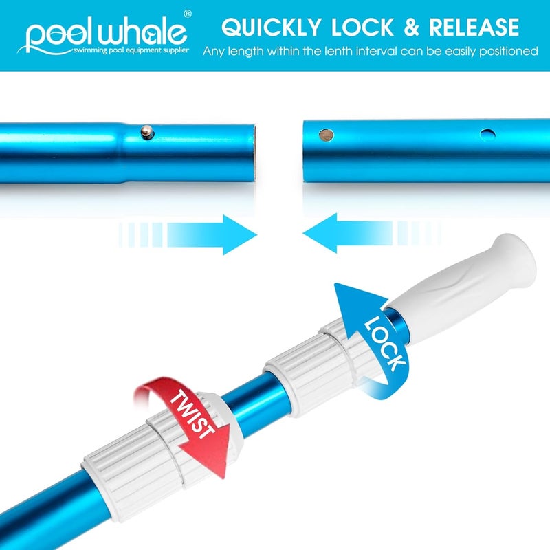 POOLWHALE Premium 15 Foot Telescopic Swimming Pool Pole, Adjustable 3 Piece Extendable Pool Cleaning Pole, Blue Anodized Aluminum - for Skimmer Nets, Vacuum Heads and Brushes - Image 4